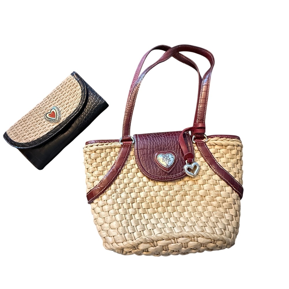 Brighton Straw Tote Bag & Wallet Set Tan Red Croc Embossed Heart Woven Basket